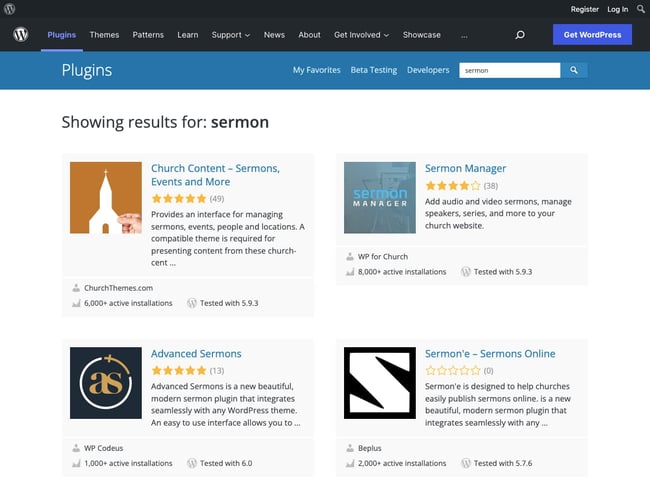 plugin directory featuring sermon-specific plugins emphasize opportunity for plugin developers to create and market for podcasters specifically