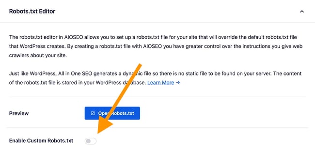 the toggle button to turn on robots.txt in wordpress