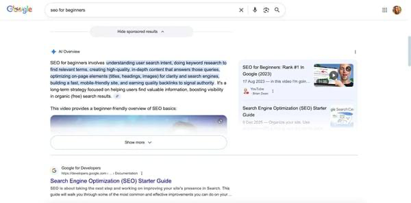Google search results showing AI Overview with SEO beginner guide and featured content