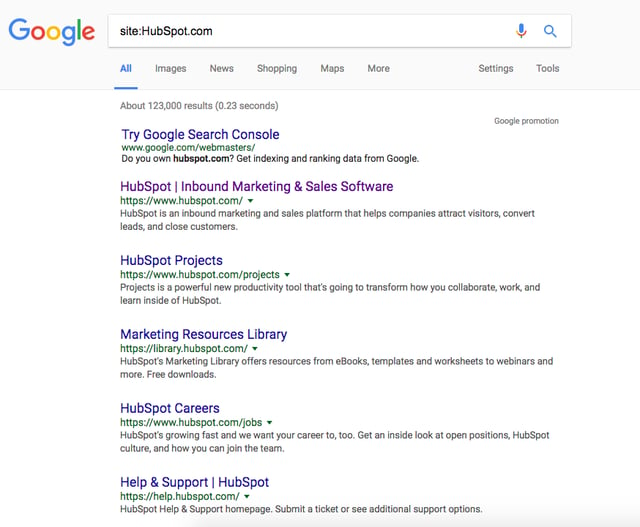 Resultado do Google ao pesquisar o site da HubSpot.com com o formato site:HubSpot.com