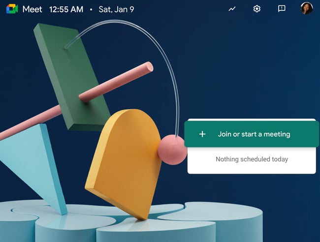 GoogleMeet Website homepage with dark blue background and geometric three D shapes and text that reads join or start a meeting