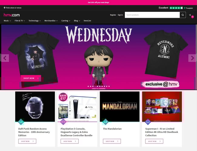 HMVs homepage shows how pink is used across the site.