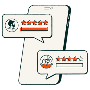 A phone showing two reviews out of five stars.