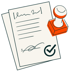 A stamp above a set of two papers, symbolizing a closed deal.