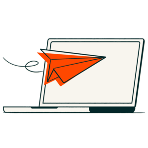 A paper plane flying into a laptop.