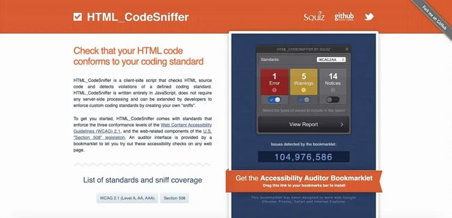 HTML_CodeSniffer is a web accessibility testing tool designed specficially for HTML source code