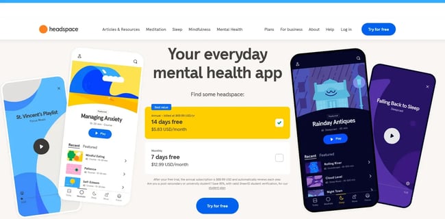 Homepage of Headspace.