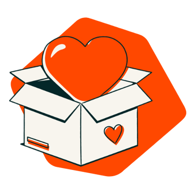 Illustration einer geöffneten Box mit Herz als Symbol für eine Software, die Kundendaten und Geschäftskontext zentral zugänglich macht