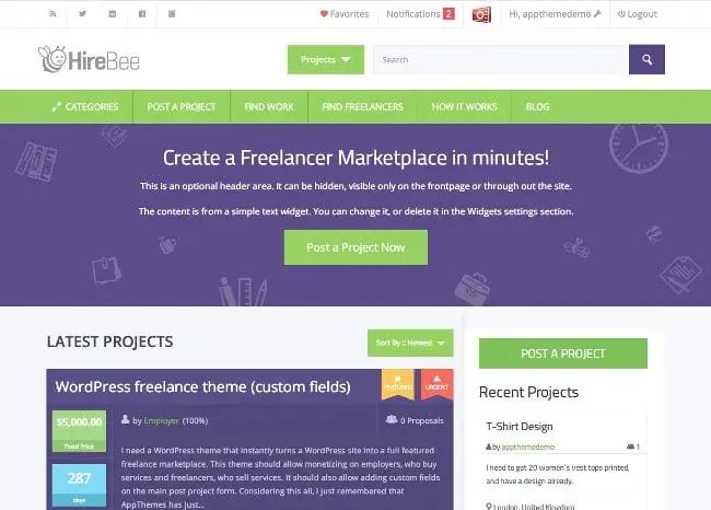 demo page for the wordpress marketplace theme hirebee