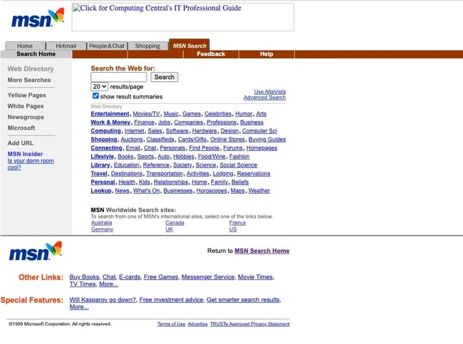 History of SEO, an early MSN Search results page in 1998