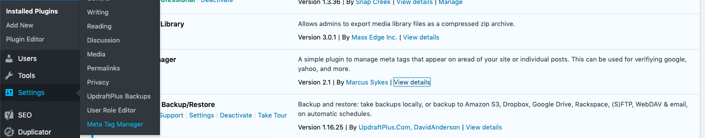 Click Settings > Meta Tag Manager to start adding meta tags