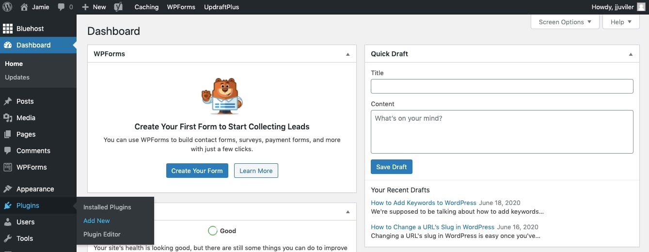 Click Plugins > Add New in WordPress dashboard to start plugin installation process