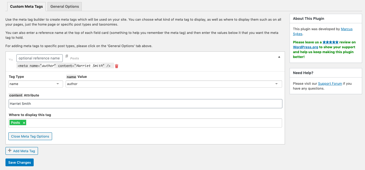 Creating author name meta tag for all posts in WordPress