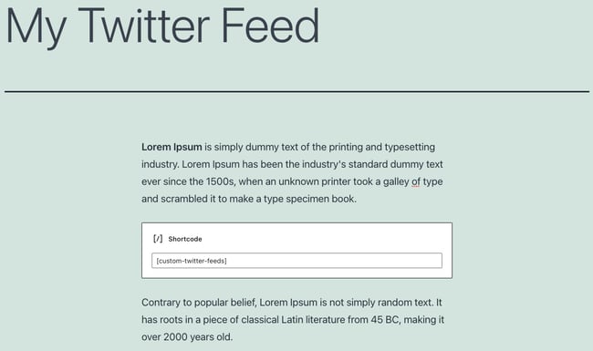twitter feed for wordpress: a twitter feed shortcode placed in a gutenberg block