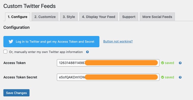 twitter feed for wordpress: the configuration screen in the Custom Twitter Feeds twitter feed plugin