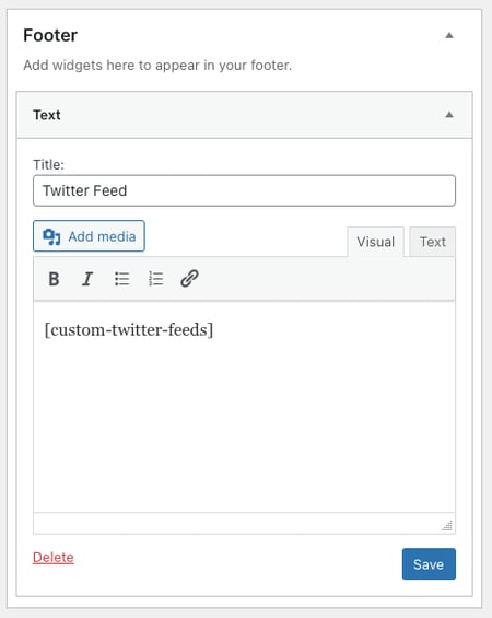 twitter feed for wordpress: the twitter feed shortcode placed in a footer widget
