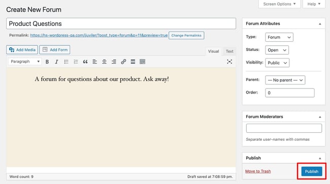 how to create a forum in wordpress: the create new forum page in bbPress