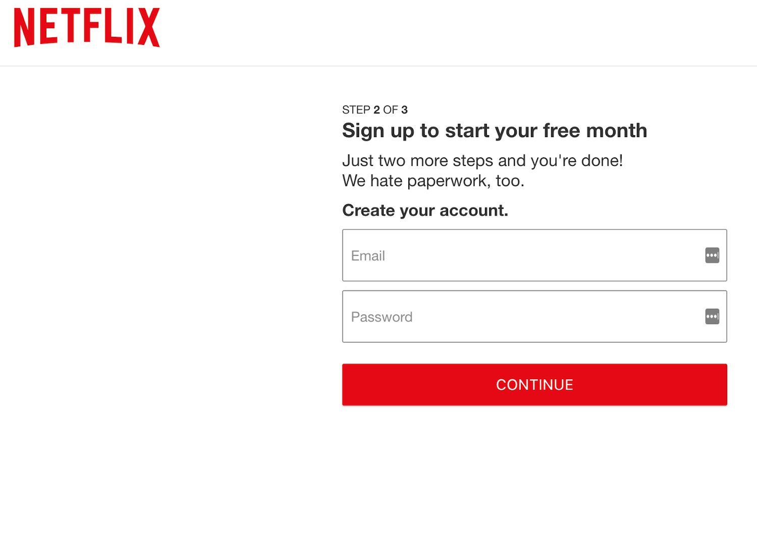 sign up form: netflix