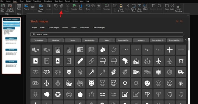 How to Create an Infographic in PowerPoint, Searching for an icon to add into a PowerPoint infographic
