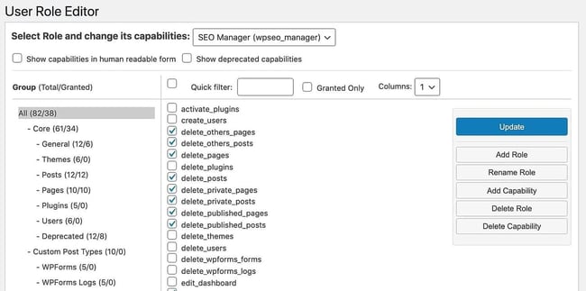 wordpress user roles main screen for the WordPress plugin User Role Editor