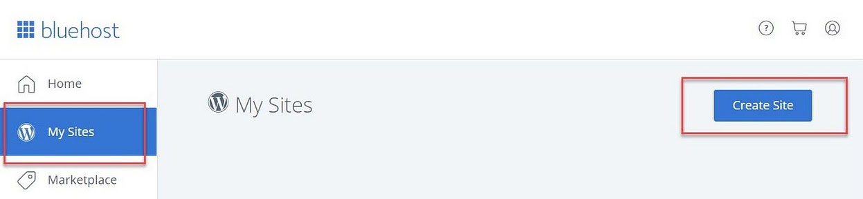 my sites button to install WordPress on Bluehost