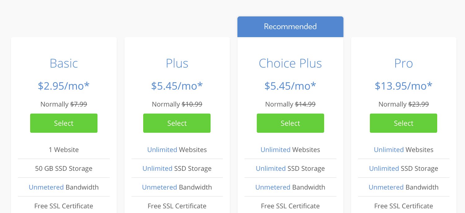 Bluehost pricing page