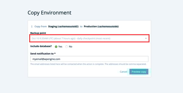 Selecting most recent backup point to copy staging site to live site