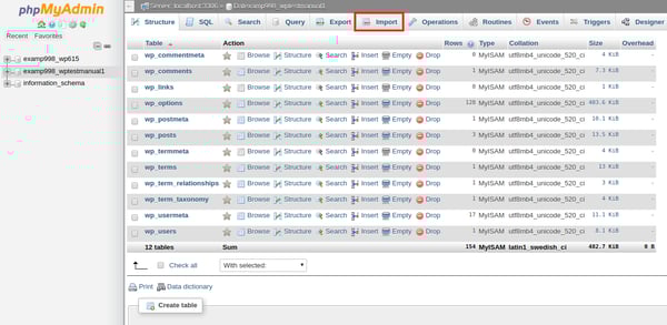 Import button outlined in red in phpMyAdmin in cPanel