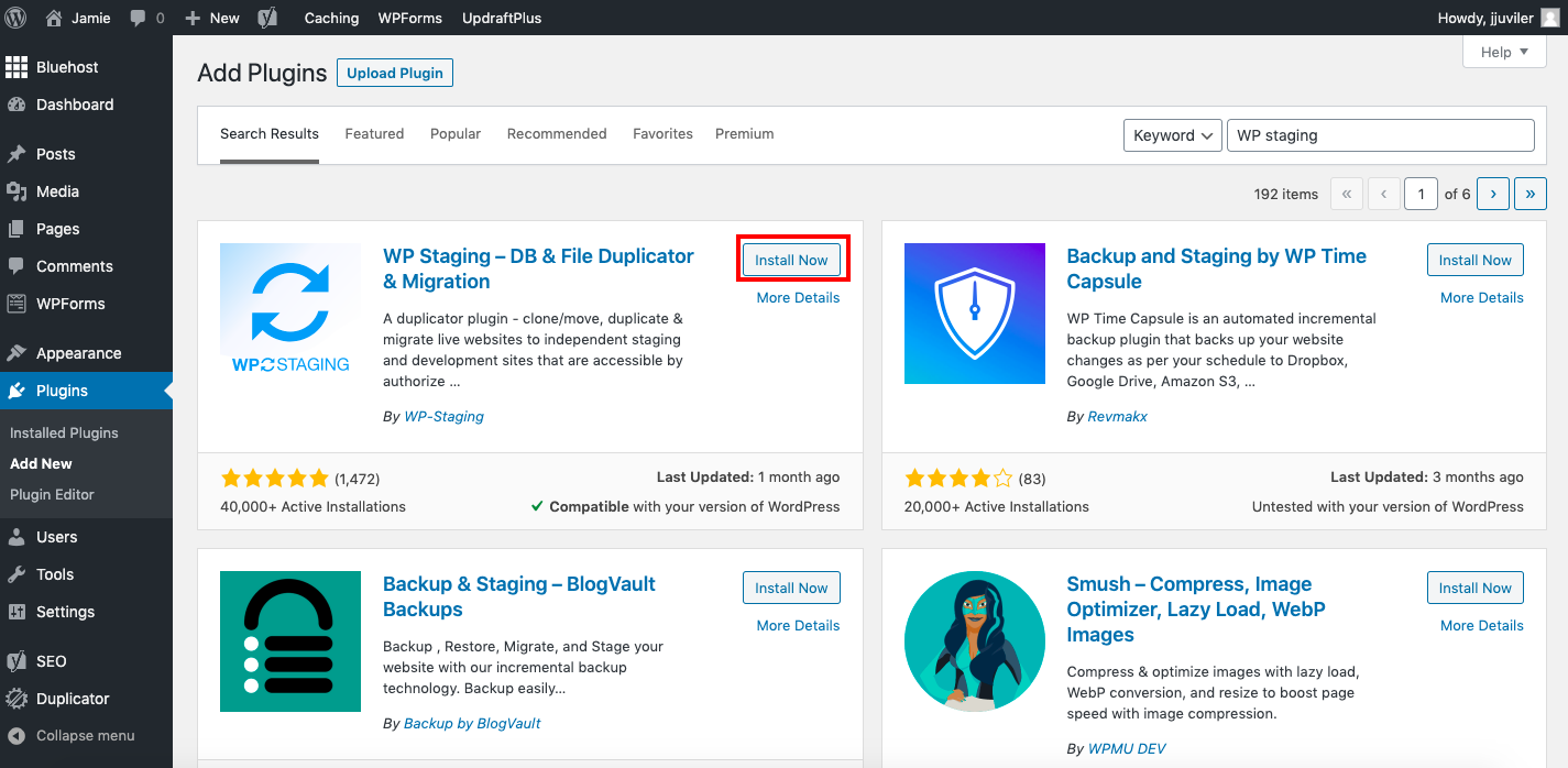 Install Now button outlined in red for WP Staging plugin in admin dashboard