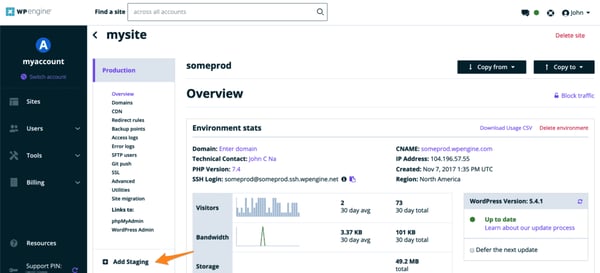 Orange arrow pointing to "Add Staging" tab in left sidebar of WP Engine dashboard