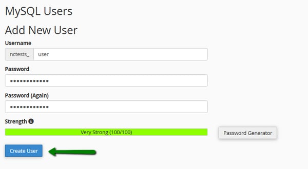 Add New User input fields filled in with green arrow pointing to Create User button in cPanel