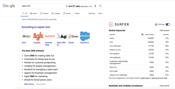 Keyword Surfer extension shows monthly search volume right on Google.