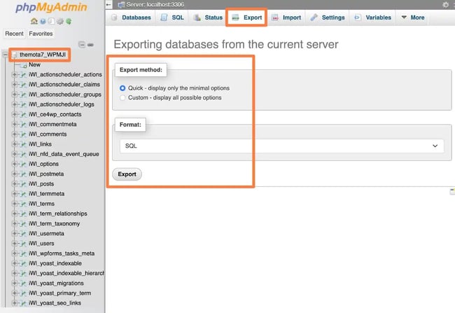 How to backup your WordPress database using phpMyAdmin.