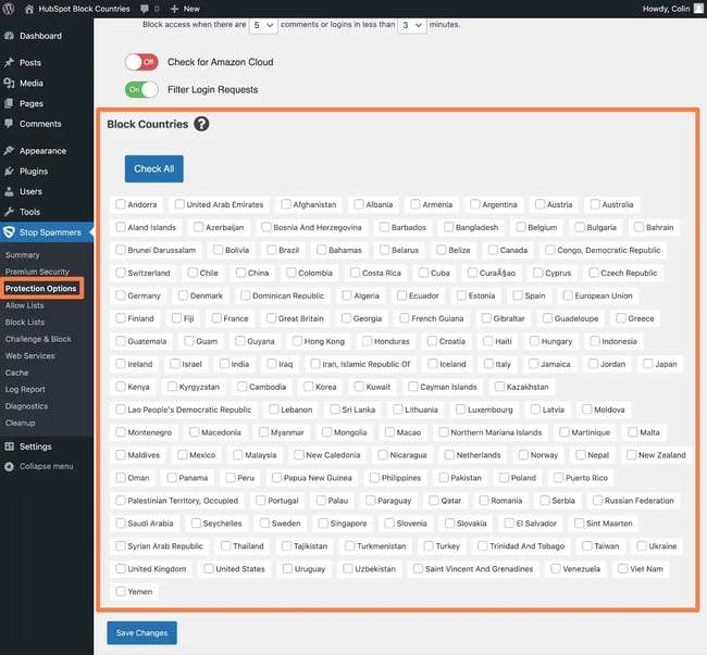 How to block countries from your site in Stop Spammers