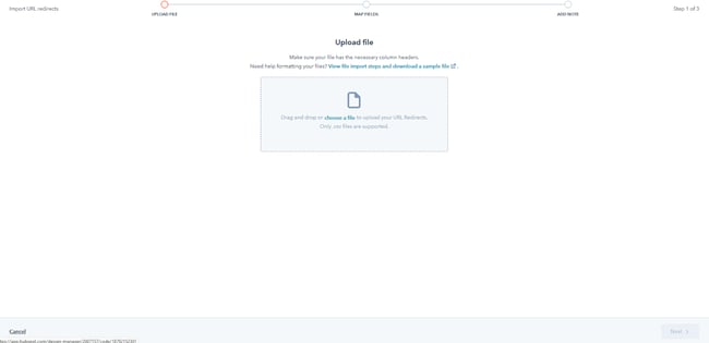 the file upload prompt for bulk 301 redirects in hubspot