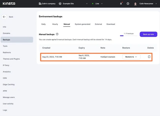 How to manage manual backups at Kinsta.