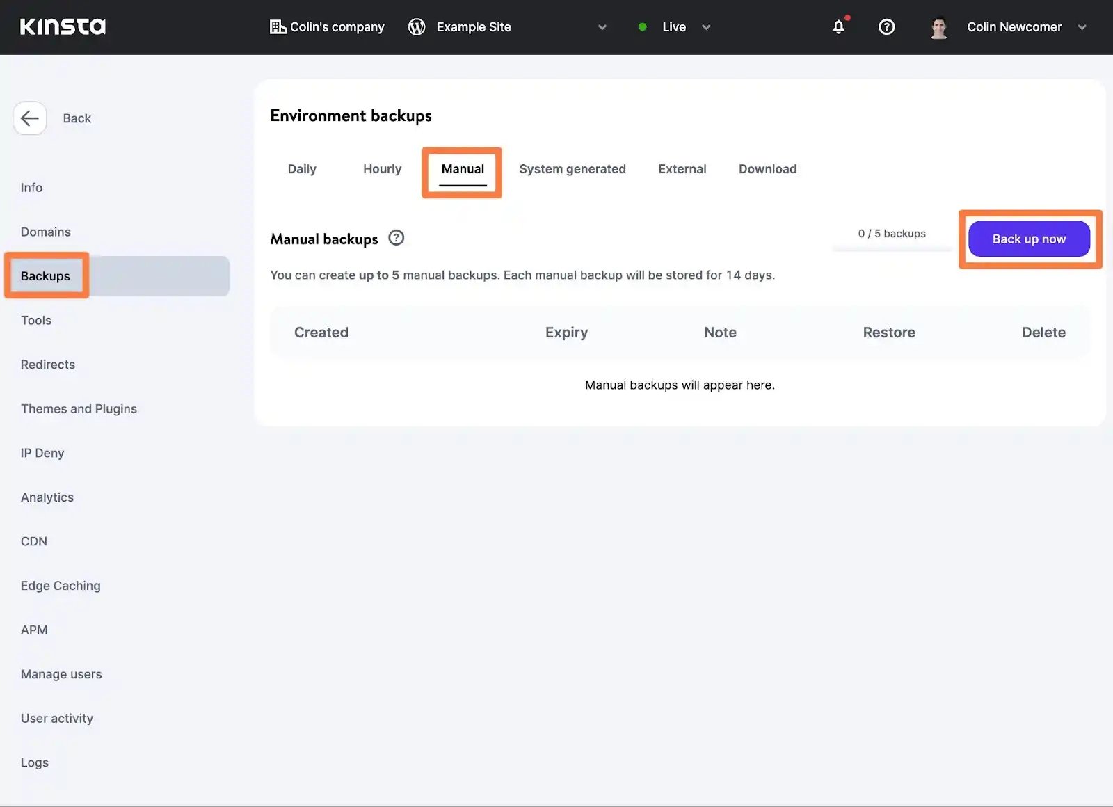How to manually backup WordPress at Kinsta.