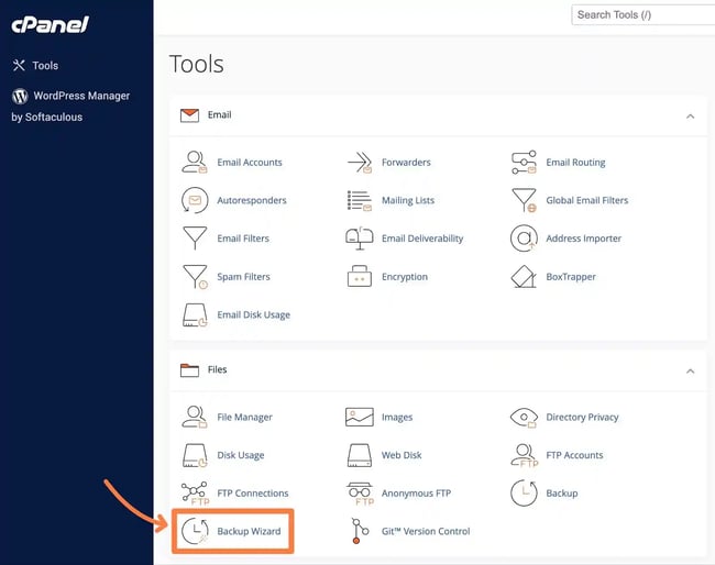 How to open the cPanel Backup Wizard tool.