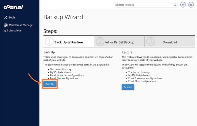 How to start a backup in cPanel Backup Wizard.  
