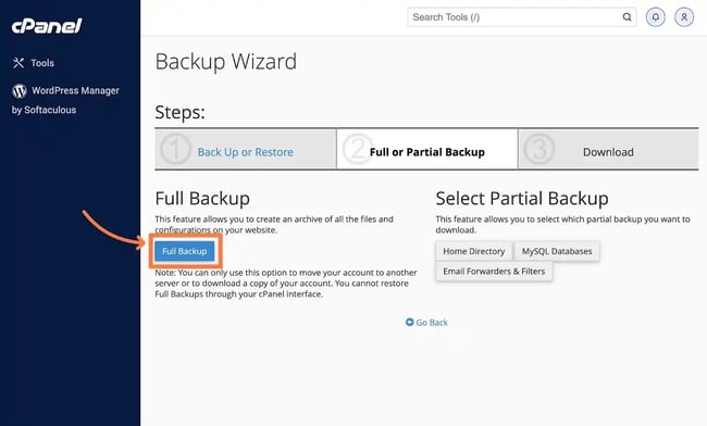 How to start a backup in cPanel Backup Wizard.