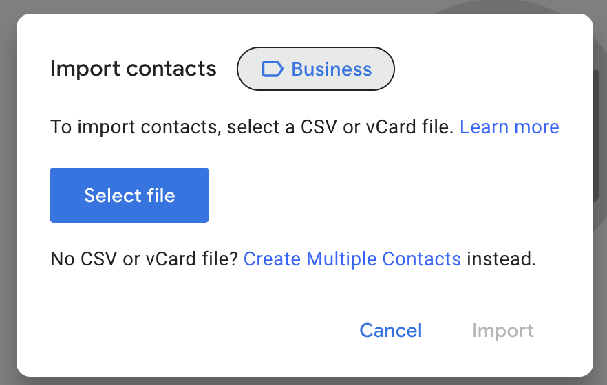 Google contacts showing the option to use labels for importing contacts