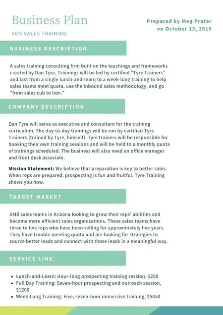 sample business plan, SOS sales training