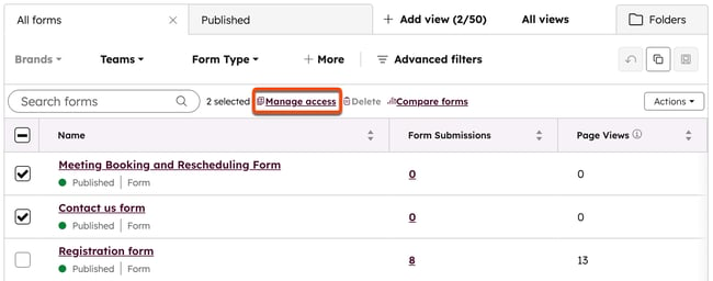 HubSpot CRM for startups forms index page with two forms selected and the Manage access link highlighted.