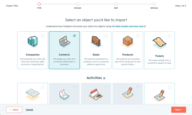 HubSpot CRM user interface showing objects to import