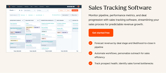 HubSpot Sales Hub pipeline view showing deal stages with company names and deal values