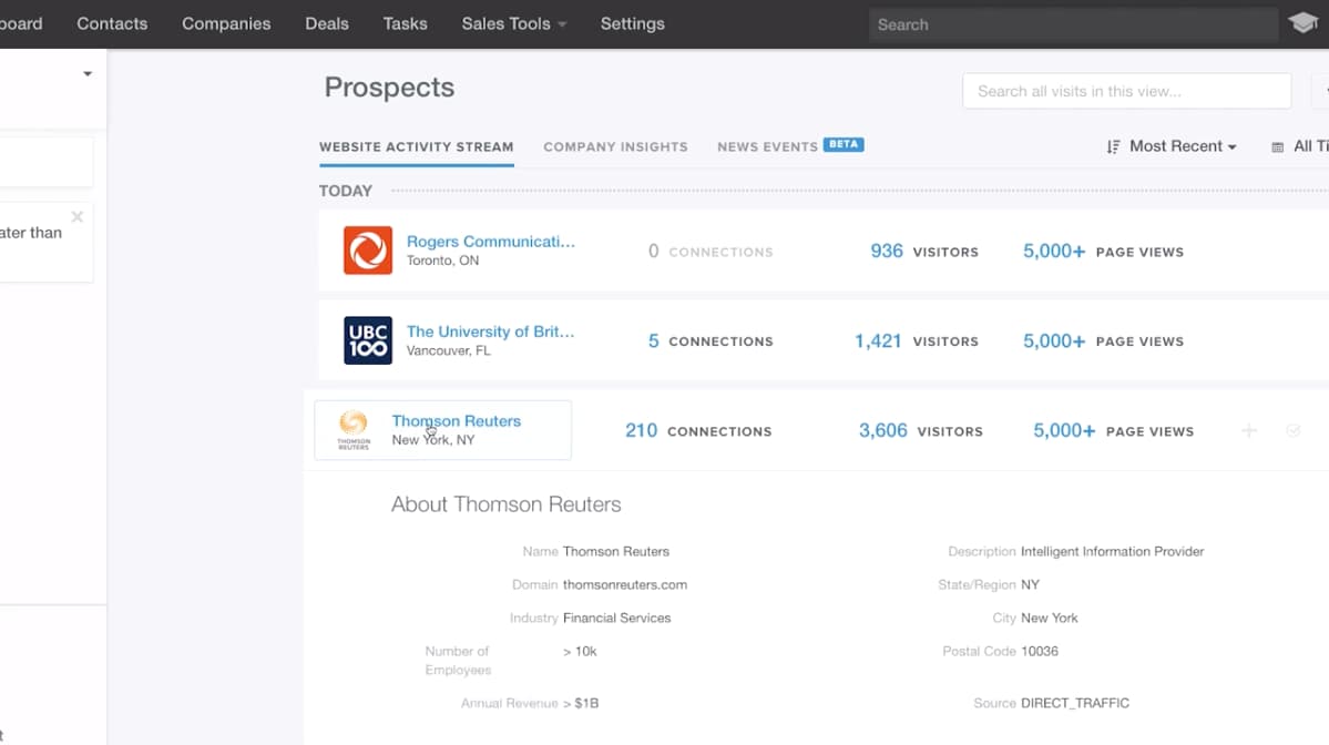 HubSpot Sales Hub prospect page