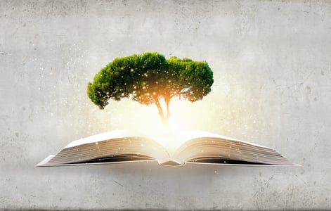 conceito de educação e conhecimento com árvore crescendo de dentro de um livro 