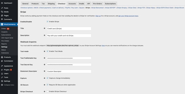 Configuring settings of Woocommerce stripe payment gateway