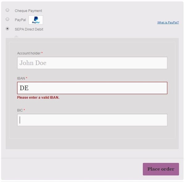 User typing in payment info on site with SEPA Payment Gateway plugin installed
