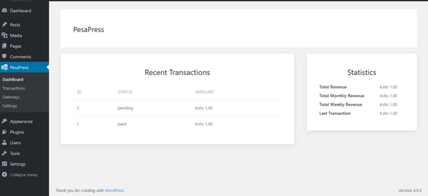 Overview of recent transactions in backend of WordPress site with PesaPress plugin installed
